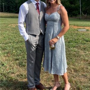 Loveliest Looks Dusty Blue Floral Jacquard Tie-Strap Midi Dress